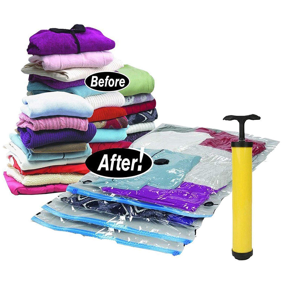 Reusable Ziplock Vacuum Storage Space Saver Plastic Bags for Clothes with Travel Hand Pump - Pack of 5 (2S (60Cmx80Cm), 2M (50Cmx70Cm), 1L(80Cmx100Cm)) - White